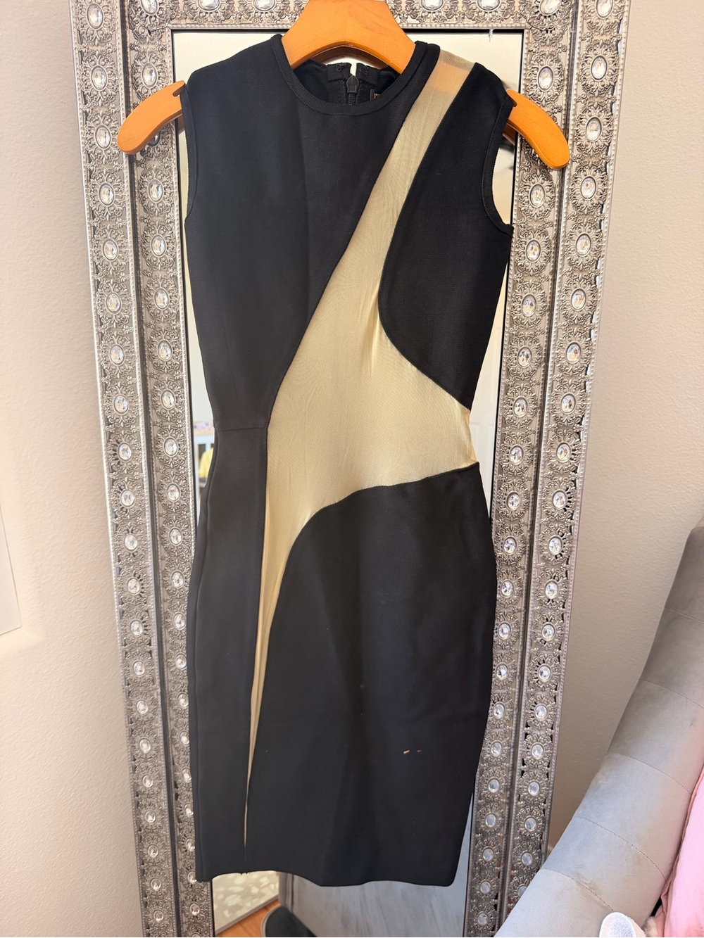 FEMME Los Angeles black bandage midi dress with asymmetrical sheer mesh panels